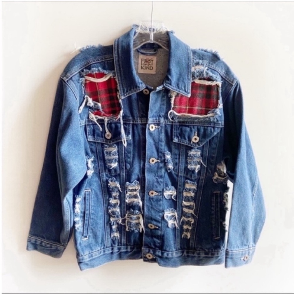 Furst of a Kind LF jacket denim distressed destroyed patches red plaid rework